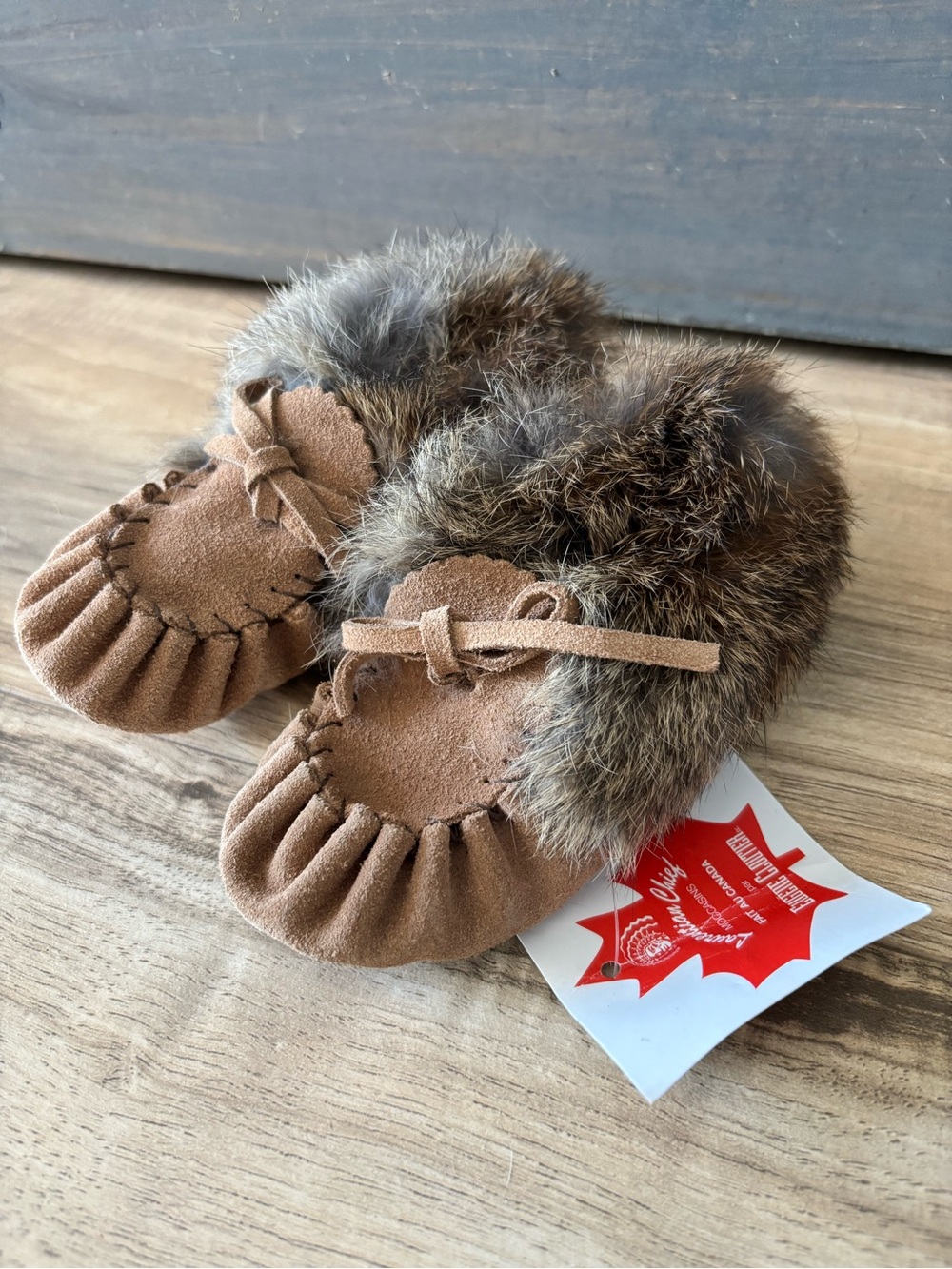 Cozy Faux-Fur Trim Tan Suede Baby Moccasins